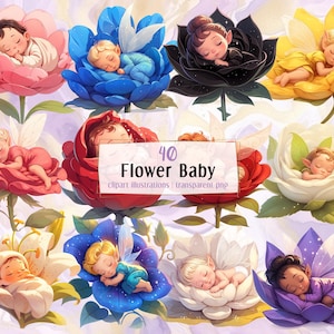 Cartoon bloemenbaby-illustraties. Schattige schattige kleine elfjes die in kleurrijke bloemen slapen, sprookjesfantasiekinderen | PNG-illustraties