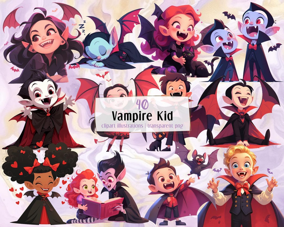 Ilustraciones infantiles de vampiros de dibujos animados. Lindo divertido  adorable cuento de hadas fantasía niños personajes, niño y niña, colmillos  ..., image size:1080x864