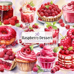 Ilustrações de sobremesa de framboesa. Delicioso sorvete de baga, pastelaria de frutas, cheesecake, donut vermelho-rosado, torta, cupcake, geléia | Clip-arts PNG