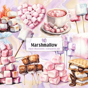 Marshmallow Illustrationen. Leckere Bonbons, zuckersüße Gelatine Konfekt, geröstete Marshmallows, S&#39;mores, heiße Schokolade | PNG-Cliparts