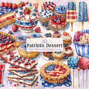 Ilustracje patriotycznych deserów. 4 lipca, obchody Dnia Niepodległości USA, amerykańskie słodkie przysmaki o tematyce ciasta, ciasteczek | PNG clipart