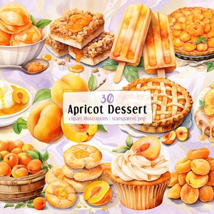 Desery morelowe. Ilustracje w stylu akwareli. Wiosenne ciasto owocowe, suszone morele, owocowe ciasto, ciasto, lody, szewc | Cliparty PNG