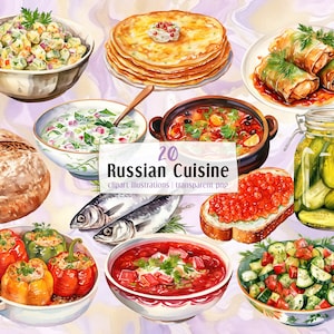 Russische keuken, illustraties in aquarelstijl. Heerlijke traditionele Slavische gerechten, eten, borsjt, broodsaladesoep | PNG-illustraties