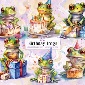 Geburtstagsparty Frosch, bunte Illustrationen im Aquarellstil. Niedliche, entzückende Frösche, die mit Kuchen, Ballon und Geschenken feiern PNG-Cliparts