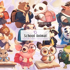 Ilustraciones de dibujos animados de animales escolares. Animales y mascotas adorables y lindos con uniforme y yendo a clase. Cerdo, oso, gato, búho, león / Clip art PNG