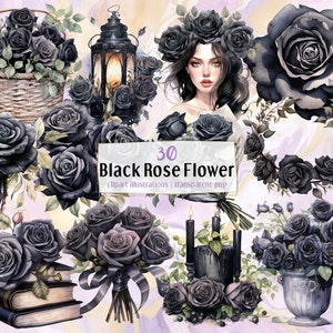 Fleur rose noire, illustrations de style aquarelle. Bouquets de fleurs romantiques sombres, couronne de fleurs, têtes de roses sur des livres, panier | clipart PNG