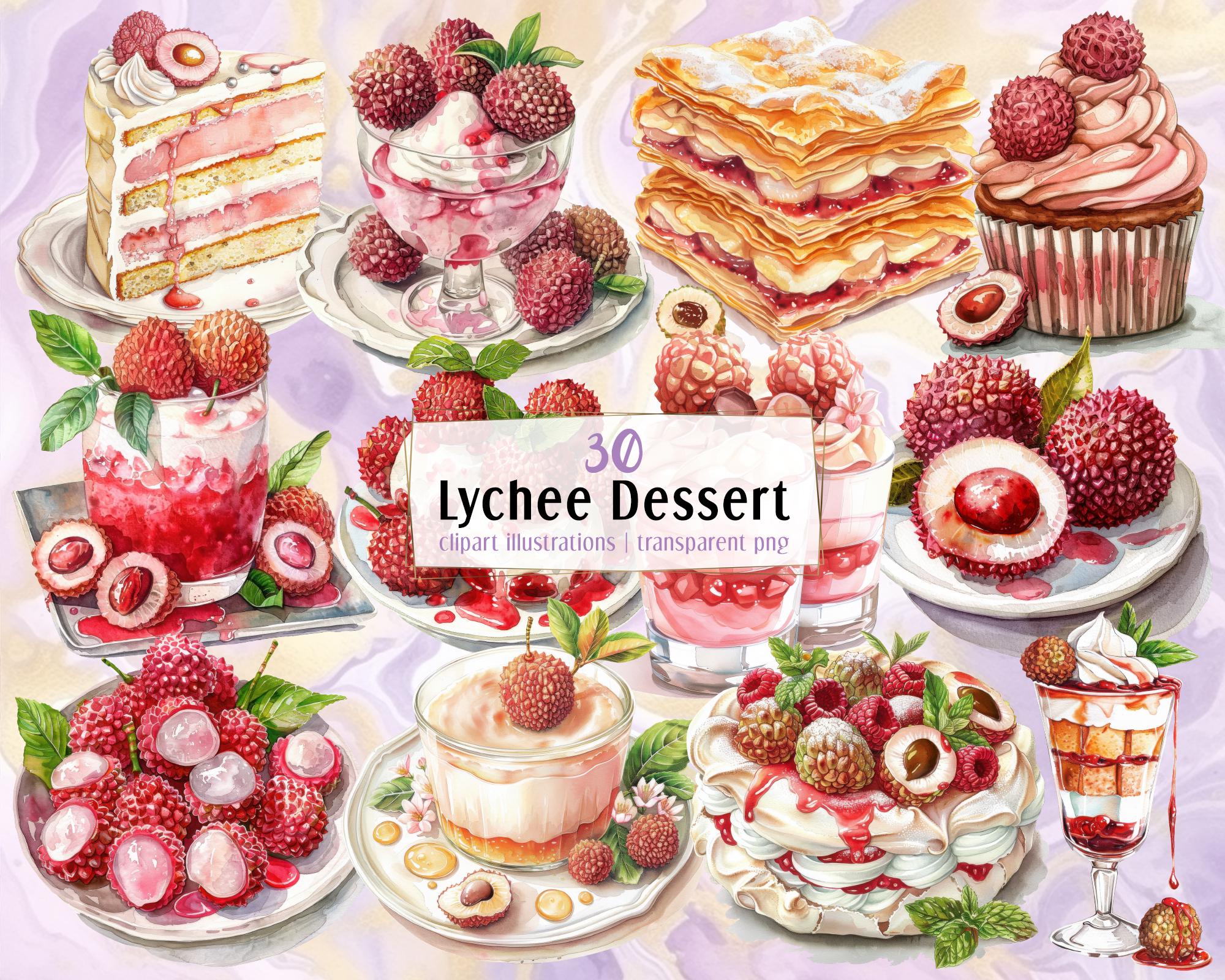 Lychee Dessert illustrations. Exotic tropical litchi fruit flavored pastries, creamy panna cotta, cupcakes, cake, ice cream | PNG clip arts