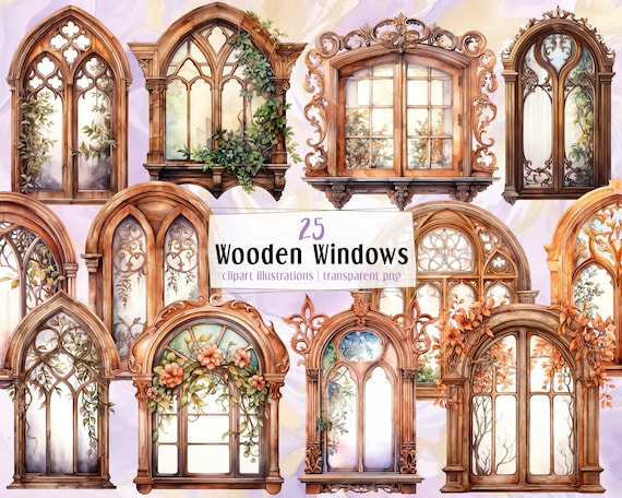 木製の窓。水彩風のイラスト。植物の装飾が施された華やかな彫刻が施