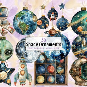 Space themed Christmas ornaments illustrations. Holiday decorations, astronaut, spaceship, stars, galaxy, astronomy, planets | PNG clip arts