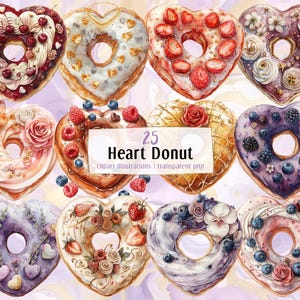 Ilustrações de Donuts em Forma de Coração. Deliciosos donuts românticos decorados para o dia dos namorados, chocolate, morangos, florais cremosos | PNG clip art