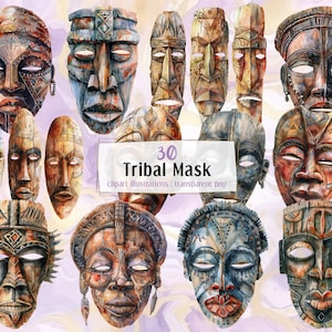 Illustraties van tribale maskers. Houtsnijwerk, Afrikaanse houten stijl, sierlijke decoratieve traditionele maskers, cultureel, volks | PNG-clip arts