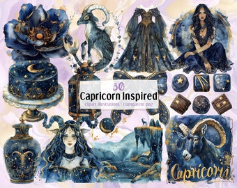 May include: A set of 30 watercolor illustrations inspired by the zodiac sign Capricorn. The illustrations feature a variety of images, including a goat, a woman in a gown, a cake, a bottle, and a star. The illustrations are all in shades of blue and gold.