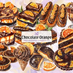Schoko Orange Dessert Illustrationen. Köstliche Leckereien mit Orangen und Pralinen gemacht. Cupcakes Kuchen Stücke éclair tart | PNG-Cliparts