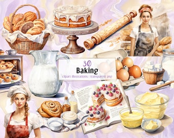 Puede incluir: Una colección de 30 ilustraciones de acuarela de suministros e ingredientes para hornear. Las ilustraciones incluyen un pastel, un rodillo, un tazón de mantequilla, una jarra de leche, un libro de cocina, una cesta de pan, un panadero con un delantal y una caja de huevos. El texto "30 Baking clipart illustrations | transparent png" está incluido en la imagen.