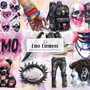 Könnte beinhalten: Aquarellillustrationen mit Emo-Thema. Enthält Schädel, Herzen, einen Rucksack, einen Teddybären, einen Nietenhalsband, zerrissene Jeans und ein Seitenprofil. Das Wort "EMO" ist dargestellt. Der Text "35 Emo Element clipart illustrations | transparent png" ist ebenfalls enthalten.