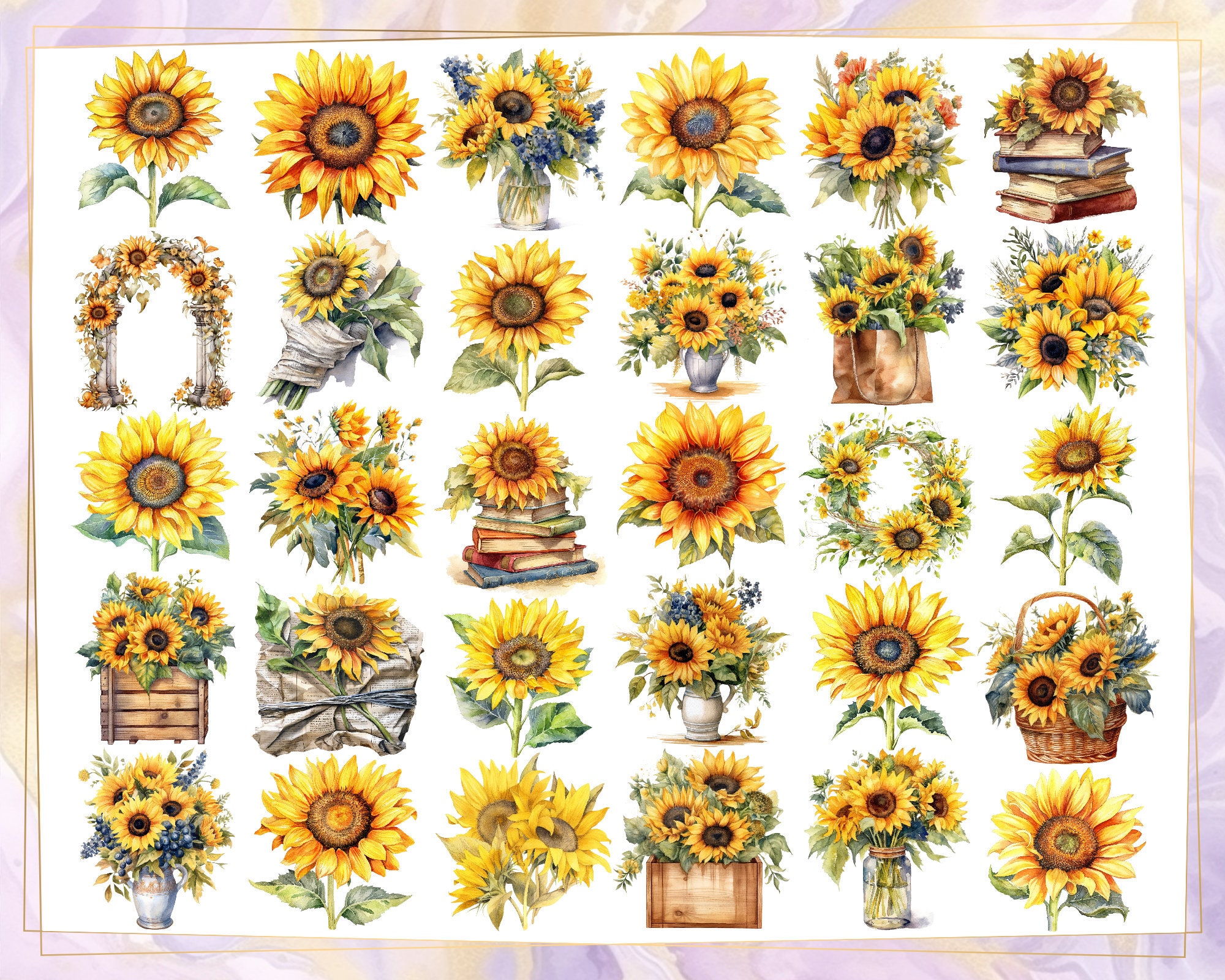 Sunflower Watercolor Style Illustrations. Yellow Sunflowers - Etsy