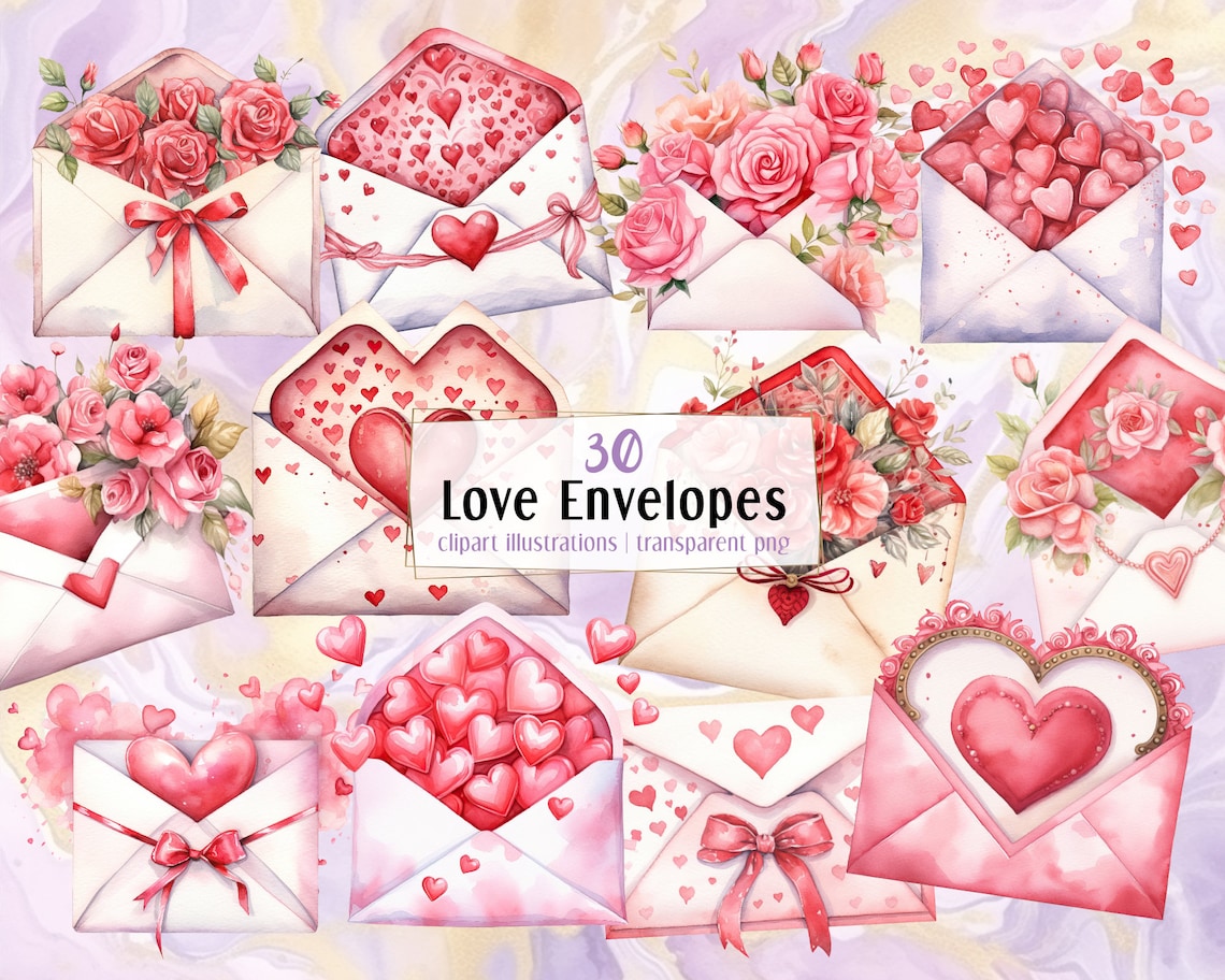 Love Envelope. Watercolor Style Illustrations. Romantic Hearts and Pink ...