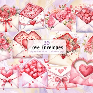 Liefde envelop. Illustraties in aquarelstijl. Romantische harten en roze rozen in enveloppen, hartbericht, post, uitnodiging | PNG-illustraties