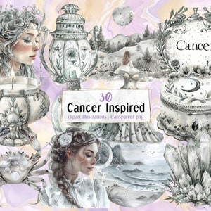 Illustrations inspirées du cancer. Anniversaire crabe, signe du zodiaque, objets éléments et personnages, blanc et argent, femme élégante | clipart PNG