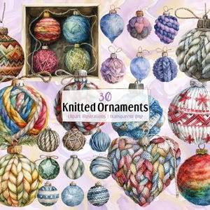 Illustrations tricotées de décorations de Noël. Décorations festives, texture de fil tricoté, boules de Noël colorées | Image clipart PNG