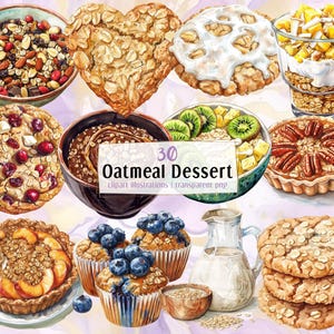 Illustraties havermoutdessert. Gezonde volkoren haverdesserts, rauwe haver, koekjes, ontbijtpap, haverrepen, muffin | PNG-illustraties
