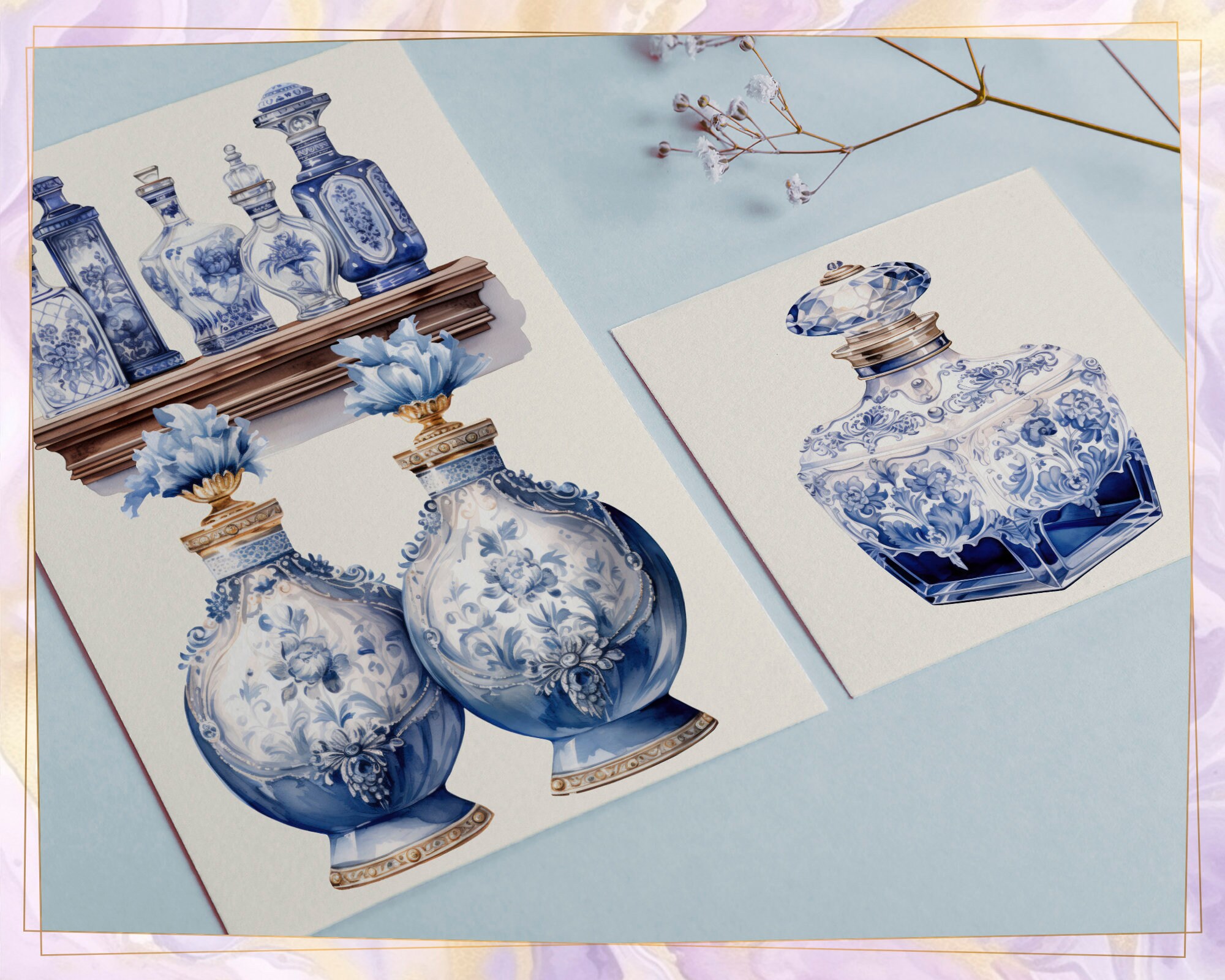 青と白の香水のイラスト。芳香性の香水ガラス瓶、ヴィンテージ磁器の