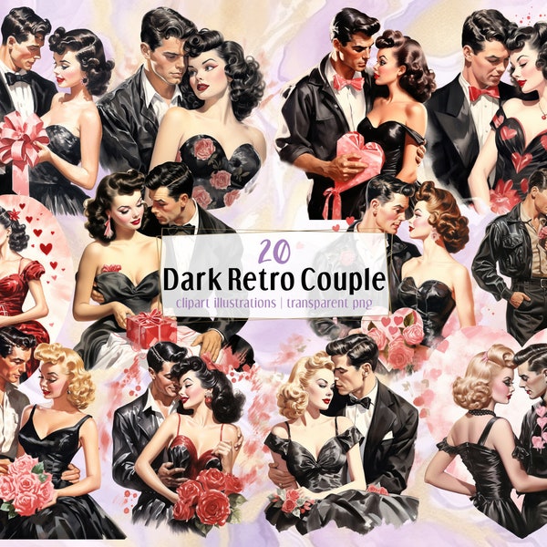 Dark Retro couple illustrations. Vintage 40's valentine's couples, romantic love, rockabilly pin up style man & woman, black | PNG clip arts