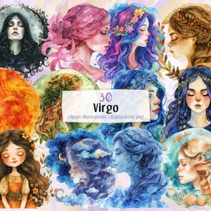 Ilustraciones de Virgo. Signo de astrología del zodiaco de cumpleaños de soltera representado por el símbolo de la virgen en diferentes estilos, mujer, niña / Imágenes prediseñadas PNG