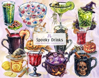 Illustrationer av kusliga drycker. Spöklika drycker med Halloween-tema, alkoholhaltiga cocktails, mjölkiga drycker, skrämmande skräckelement | PNG-klippkonst