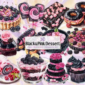 Illustrations de desserts en noir et rose. Gâteries gothiques romantiques, gâteaux, tartes aux cerises, cupcakes crémeux, framboises et mûres | clipart PNG