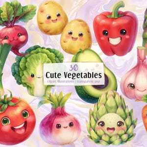 May include: A collection of 30 cute, cartoon-style vegetables, including a red bell pepper, tomato, onion, carrot, and avocado. The vegetables have smiling faces and are designed as clipart illustrations. The image includes the text "Cute Vegetables".