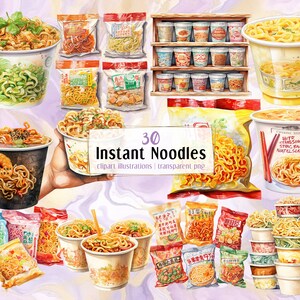 May include: A collection of 30 watercolour illustrations of instant noodles in various styles and packaging. The illustrations include bowls of noodles, noodle packets, and individual servings of noodles. The illustrations are in a variety of colours, including red, yellow, green, and blue.