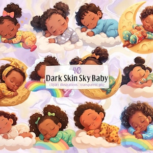 Cartoon donkere huid Sky Baby-illustraties. Schattige schattige kleine baby's slapen op wolken, regenbogen en een maan, sprookjesachtige fantasie | PNG-illustraties