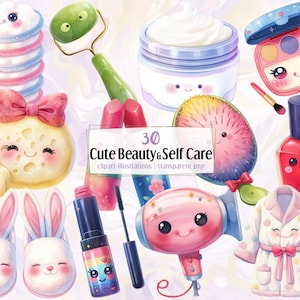 May include: A collection of cute beauty and self-care illustrations. The image includes a green jade roller, makeup, nail polish, a hair dryer, a robe, and bunny slippers. The text in the image says "Cute Beauty & Self Care".