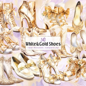 Weiß & Gold Schuhe Illustrationen. Schöne modische Schuhpaare, glänzende goldene elegante Absätze, feminine Turnschuhe, hohe Stiefel | PNG-Clipart