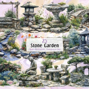 May include: A set of 25 watercolor illustrations of stone garden elements, including a swing, a bridge, a fountain, a gazebo, a pond, a statue, a table and chairs, and a stream. The illustrations are on a white background with a purple and white marble pattern.