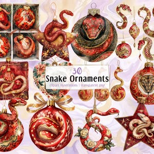 Ilustrações de ornamentos de cobra. Bolas de Natal festivas decoradas com cobras chinesas, decorações coloridas em vermelho dourado | PNG clip arts