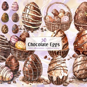 Schokoladen Eier Illustrationen. Ostereier aus brauner Vollmilchschokolade, leckeres süßes Dessert. Floral & w. Nieselregen | PNG-Cliparts