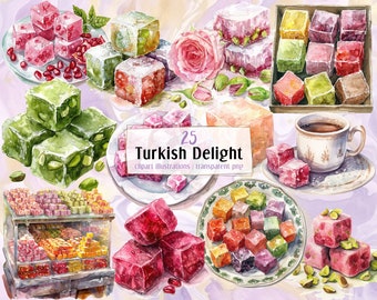 Turkish Delight illustrations. Delicious sweet lokum confection, colorful chewy cube candy, rose pistachios nuts pomegranate  | PNG clip art