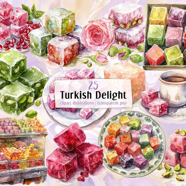 Turkish Delight illustrations. Delicious sweet lokum confection, colorful chewy cube candy, rose pistachios nuts pomegranate  | PNG clip art