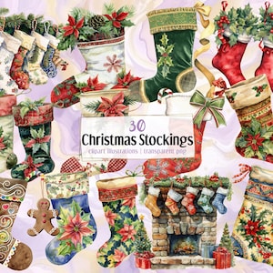 Weihnachtsstrümpfe Illustrationen. Festlich geschmückte Weihnachtssocken, Wintersocken, Strumpfsets, klassisch rot & grün | PNG-Clipart