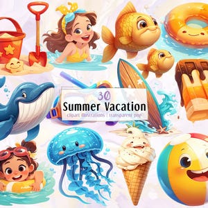 Cartoon Summer Vacation illustrations. Kids swimming, sunbathing, cute sea animals, ice cream, beach getaway vibes, fun time | PNG clip arts