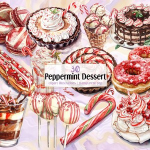 Ilustracje Peppermint Dessert. Świąteczne ciasto świąteczne, laska cukrowa, kremowe ciasto, słodki zimowy napój, lody, sernik | PNG clip arts