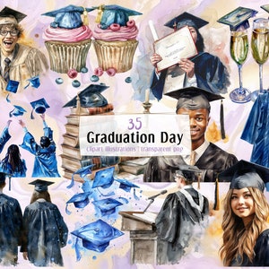 Ilustraciones del día de graduación. Fiesta de celebración de fin de año escolar, diploma, toga académica, lanzamiento de birretes, estudiantes, champán / imágenes prediseñadas PNG