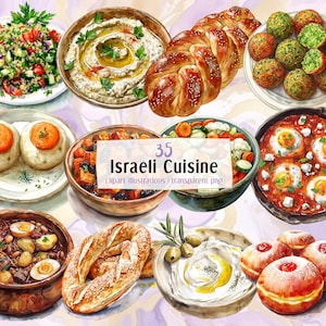 Illustrazioni di cucina israeliana. Cibo delizioso da Israele, Falafel, Hummus, insalata, Sabich, Hamin, Shakshuka, Challah, dessert / clipart PNG