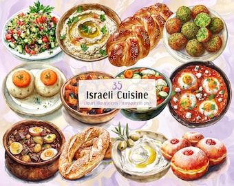 Ilustraciones de cocina israelí. Comida deliciosa de Israel: falafel, hummus, ensalada, sabich, hamin, shakshuka, challah, postre / Imágenes prediseñadas PNG