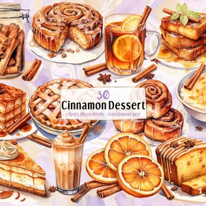 Ilustracje deserów cynamonowych. Słodkie napoje, desery z przyprawą cynamonową i suszonymi paskami kory. Kawałek ciasta, placek, rolada | clipart PNG