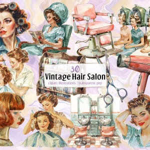 Illustrazioni di saloni di parrucchiere d'epoca. Acconciatura femminile retrò in stile anni '50, attrezzatura di bellezza, clienti su sedie asciugacapelli con cappuccio / clip art PNG