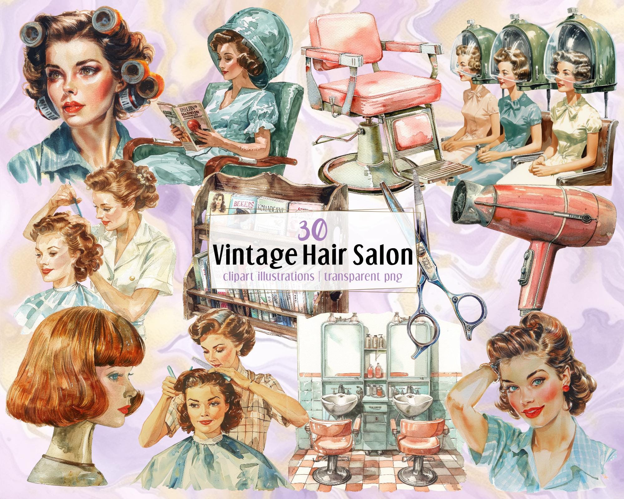 Vintage Hair Salon Illustrations. Retro 50's Style Woman's Hairstyle