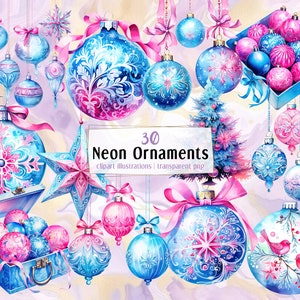 Neon Pink and Blue Christmas Ornaments. Watercolor style illustrations. Festive decorated holiday baubles in a box, globes. | PNG clip arts